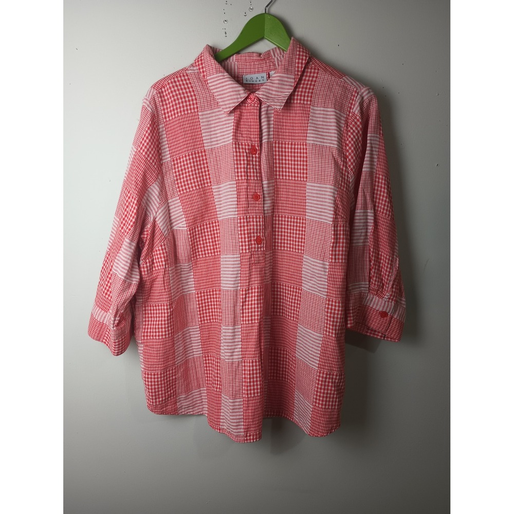 Joan Rivers Red White Patchwork Gingham Cotton Shirt 1X Button Up 3/4‎ Sleeve